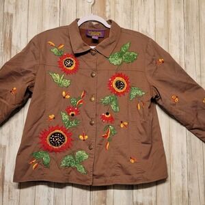 Tapestry Patch Brown Jacket Sequin Sunflowers & Dragonflies Fall‎ - Large